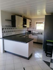 a kitchen with a black counter top in a room at Ferienhaus Stein Haselweg in Öhringen