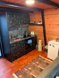 a kitchen with a stove and a sink in a room at Secret Lake Tayakadın in Arnavutköy