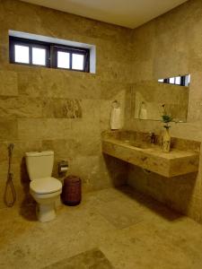 a bathroom with a toilet and a sink and a window at Pousada Caminhos da Chapada in Palmeiras