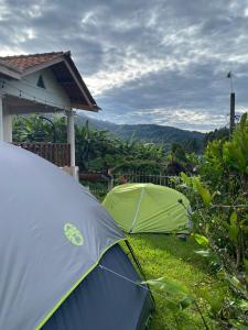 a tent sitting in the grass next to a house at Agartha Hostel in Boquete