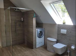 une salle de bain avec douche et toilettes et une fenêtre dans l'établissement Dom nad rzeką, à Nowy Gierałtów