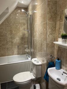 a bathroom with a toilet and a sink and a shower at Harrietsham House in Kent