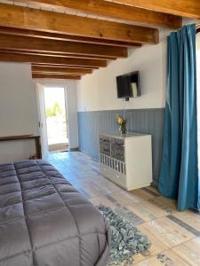 um quarto com uma cama e uma televisão de ecrã plano em Mountain House departamentos de montaña em Villa Meliquina