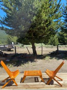 two orange chairs and a picnic table next to a tree at Mountain House departamentos de montaña in Lago Meliquina