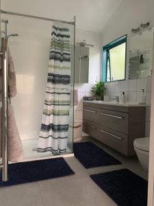 a bathroom with a shower and a toilet and a sink at Harbour Lane Apartment in Whangarei