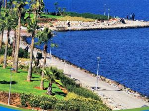 - une vue sur une étendue d'eau bordée de palmiers dans l'établissement Marchica bay 20 holiday apartment, à Nador