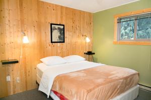 a bedroom with a bed with wooden walls and a window at Lone Star Motel in Rossland