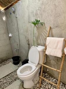 a bathroom with a toilet and a shower with a plant at Casita Lodge Kubo in San Juan
