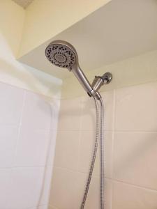 a shower with a shower head in a bathroom at Summer all year! Oceanfront with Pool A/C in Aguadilla