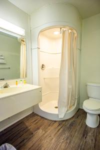 a bathroom with a shower and a toilet and a sink at Marifah Inn Sweetwater in Sweetwater