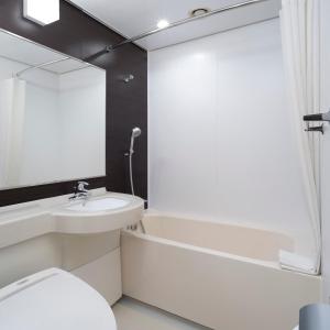 a bathroom with a sink and a toilet and a mirror at ART HOTEL Nippori Lungwood in Tokyo