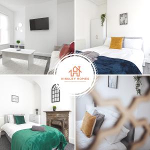 a collage of photos of a bedroom with a bed and a fireplace at Newly renovated 4bed - Free parking - City Links By Hinkley Homes Short Lets & Serviced Accommodation in Liverpool