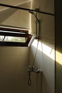 a shower head in a bathroom with a window at Jvarisa Glamping in Ambrolauri