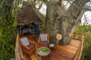 eine Terrasse mit Stühlen, einem Tisch und einem Baum in der Unterkunft Chole Mjini Treehouses Lodge in Utende