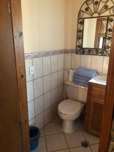 La salle de bains est pourvue de toilettes, d'un lavabo et d'un miroir. dans l'établissement apartamento tony Chumpos, à San Felipe