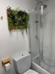 uma casa de banho com um WC e um chuveiro com plantas na parede em Oasis Plus em Sevilha