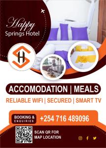 um cartaz para uma promoção de um hotel com uma cama em Happy Springs Hotel & Accomodation em Kericho
