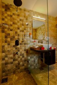 a bathroom with a shower with a sink and a mirror at Arco Hotels & Resorts sonamarg in Sonāmarg