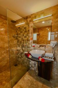 y baño con lavabo y ducha. en Arco Hotels & Resorts sonamarg, en Sonāmarg