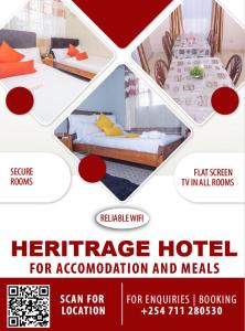 um panfleto para um hotel para alojamento e refeições em Heritage Villa Hotel & Accomodation em Kericho