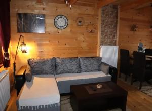 a living room with a couch and a clock on the wall at Brvnara Čigota in Zlatibor