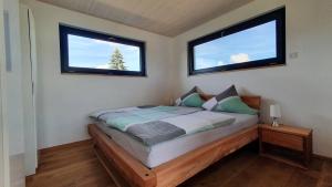 a bedroom with a bed with two windows at Gästehaus Casa Luna - Paradiesische Ferienwohnungen am Kaiserstuhl! in Bischoffingen