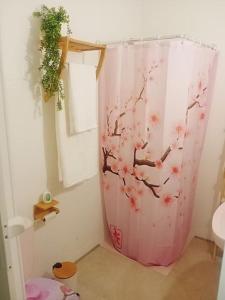 ein Badezimmer mit einer Dusche mit einem rosa Duschvorhang in der Unterkunft Casa Iribarne in Rodalquilar + 12 Fotos