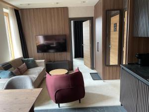 a living room with a couch and a table at Woodside Apartment 431, Kopaonik - One separate bedroom 35m2- FREE Parking & SPA in Kopaonik