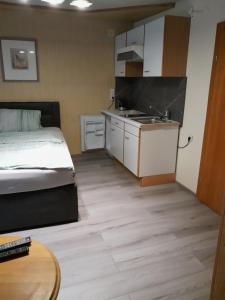 ein Schlafzimmer mit einem Bett und eine Küche mit einem Waschbecken in der Unterkunft Ferienwohnungen Pein in Vordernberg