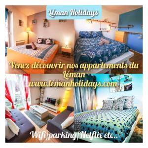 un collage de un dormitorio y una sala de estar en Léman Holidays - Le Coquelicot, en Thonon-les-Bains