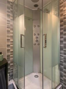 W łazience znajduje się prysznic ze szklanymi drzwiami. w obiekcie FLOR de MONTANHAS - 4PERS - Appart vacances w mieście Arette