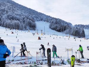 un grupo de personas en una pista de esquí cubierta de nieve en Appartement Bella Vista en Kranjska Gora