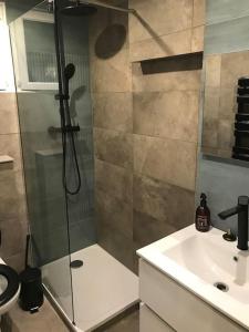 a shower with a glass door next to a sink at La petite maison in Bobigny