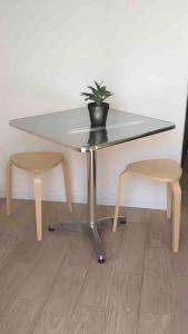 une table avec une plante en pot et deux chaises dans l'établissement La petite maison, à Bobigny