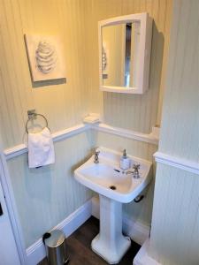 a bathroom with a white sink and a mirror at Nice 4-bedroom vacation home with indoor fireplace in Wellington