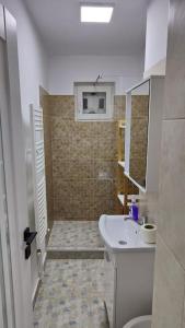 a small bathroom with a sink and a toilet at Apartament în Buzău in Buzau
