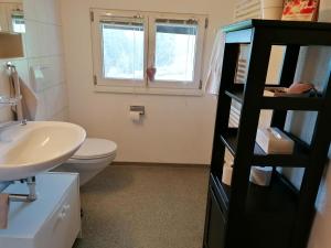 ein Badezimmer mit einem weißen WC und einem Waschbecken in der Unterkunft Schwellbrunn,Ferienwohnung mit Säntissicht in Schwellbrunn