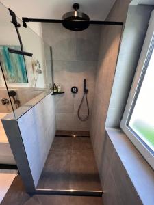ein Bad mit einer Dusche und einem Waschbecken in der Unterkunft Lake & Mountains - Modern Living - 70sqm in Kressbronn am Bodensee