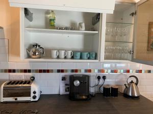 a kitchen with a counter with a toaster and a microwave at The Longhouse, Brecon Beacons (King & Twin) in Brecon