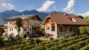 a house in a vineyard with mountains in the background at Torgglbauer Apartment 3 in Merano