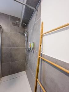 a bathroom with a shower with a toilet at 3-Zimmer Apartment 88 qm bis zu 8 Personen in Winningen