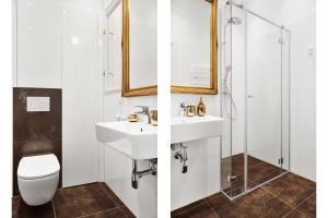 2 imágenes de un baño con lavabo y ducha en HOUSEHOST Apartment :Starowiślna 66/9 Street en Cracovia