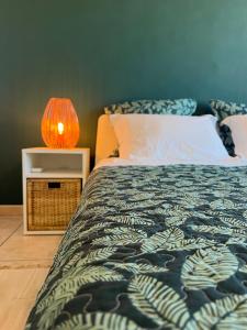 um quarto com uma cama com um candeeiro numa mesa de cabeceira em Oasis de 42 m2 I Cosy I Cœur de ville I Lit 160x200 em Vaison-la-Romaine