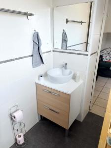 La salle de bains est pourvue d'un lavabo et d'un miroir. dans l'établissement Bienvenue chez vous ! Malo (3mn de la plage), à Dunkerque