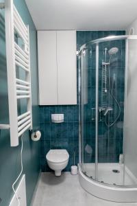 a bathroom with a toilet and a glass shower at Komfortowe przytulne nowoczesne mieszkanie Radom in Radom
