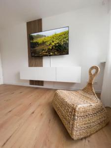 een woonkamer met een tv en een stoel bij 2-Zimmer Apartment 52 qm bis zu 4 Personen in Winningen