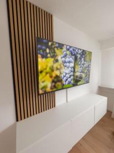 een tv op een witte muur met een schilderij erop bij 2-Zimmer Apartment 52 qm bis zu 4 Personen in Winningen