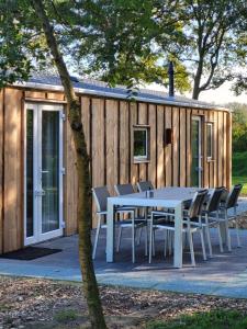 a table and chairs in front of a tiny house at Hoeve Twente - De Buizerd in Heythuysen