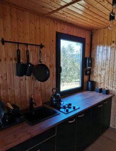 a kitchen with a counter and a window in a cabin at Zážitkový pobyt uprostřed přírody in Železný Brod