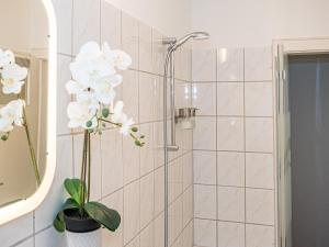 a bathroom with a shower with a plant at JUNIK Apartments "Am Sternbuschweg" in Duisburg